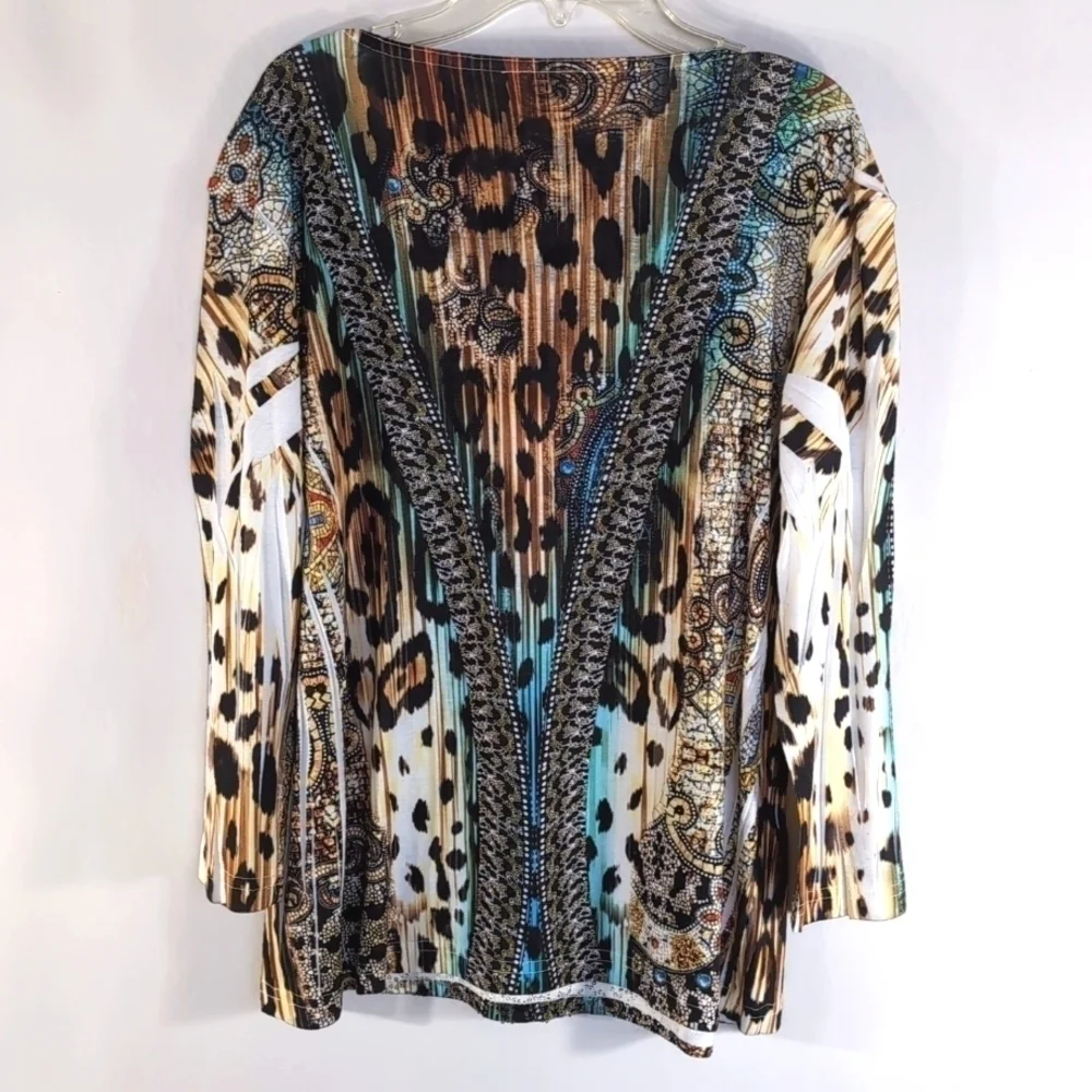Impulse California 3/4 Sleeve Fun Multicolor Animal Print Top Size LP